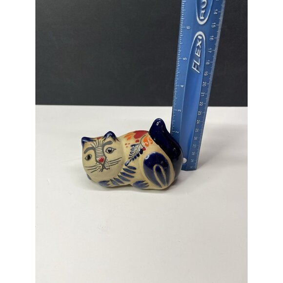 Mexican Tonala Cat Figurine Flower Folk Art Pottery Hand Painted Cancun 4” - Picture 9 of 11